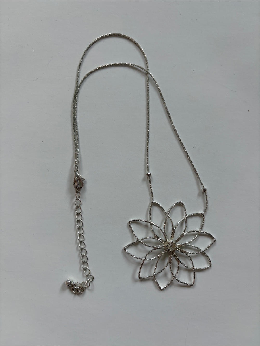 Silver Flower Necklace with Stone in Center